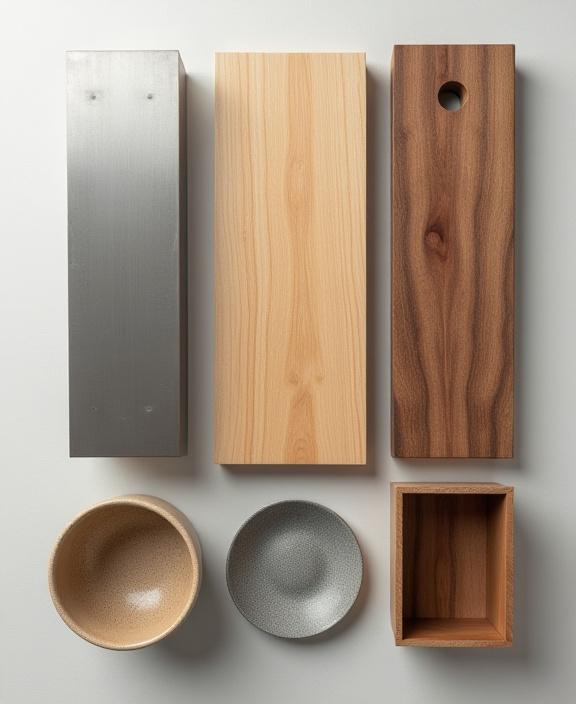 ステンレス鋼、天然木、セラミックなどの原材料